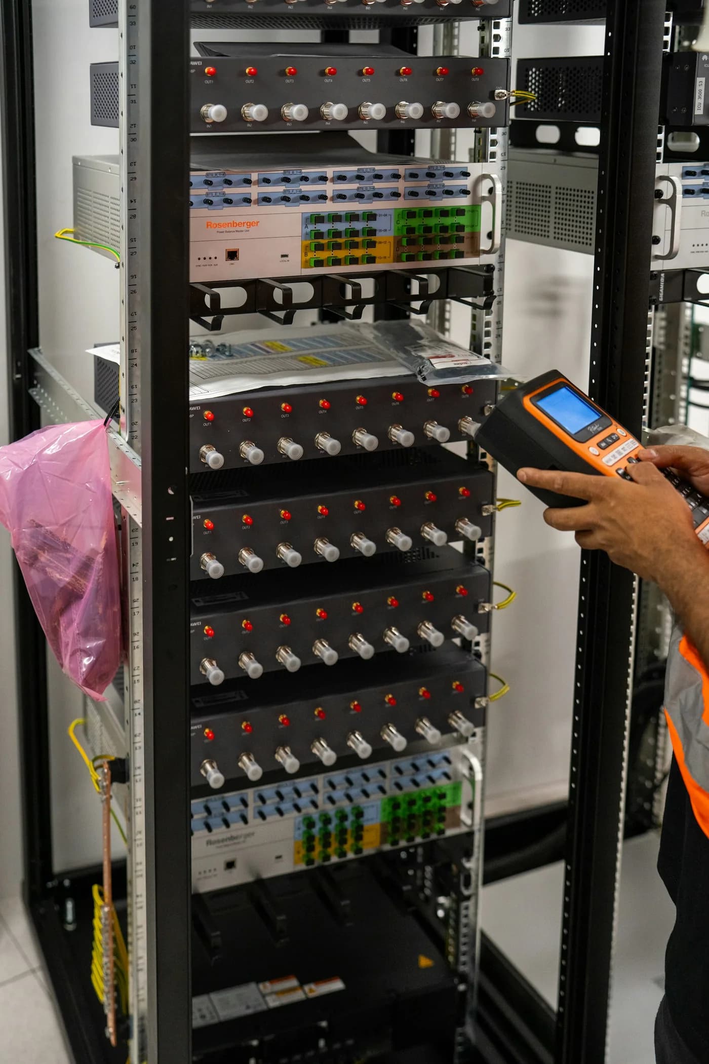 Close-up of organized network cabling and switching infrastructure